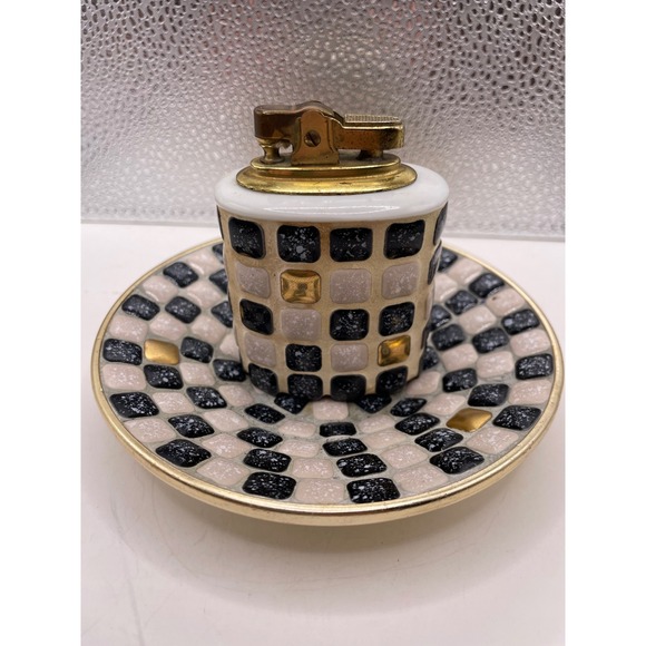 Vtg‎ Mid Century Penguin Japan Mosaic Lighter and Ashtray Set Black White Gold - Picture 2 of 15